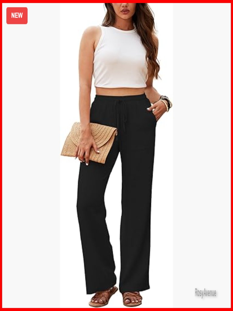 High Waisted Wide Leg Linen Pants Drawstring Trousers Pockets